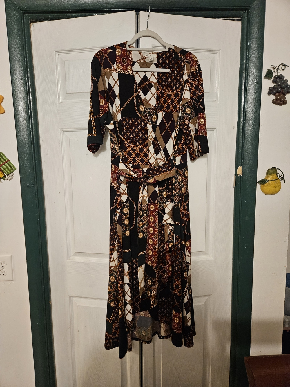 Printed Wrap Midi Dress in Black and Brown - Classic Tie-Waist Style